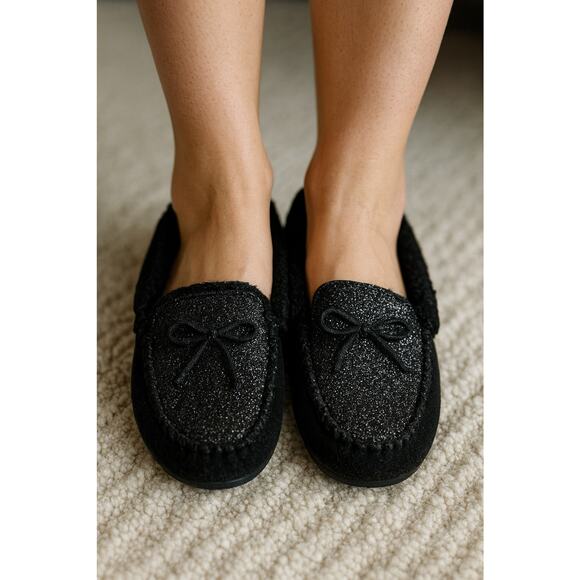 FitFlop Chrissie Glitzy Glitter Moccasin Slippers Black Faux Fur 6 cozy glam - Picture 1 of 8